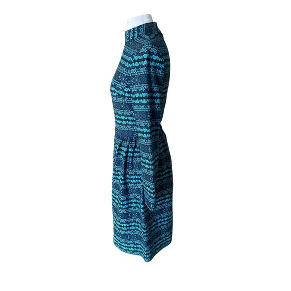 Vintage 70s Dress Blue Patterned Knit Midi Fit & Flare Long Sleeves Small S Bold - Picture 4 of 11